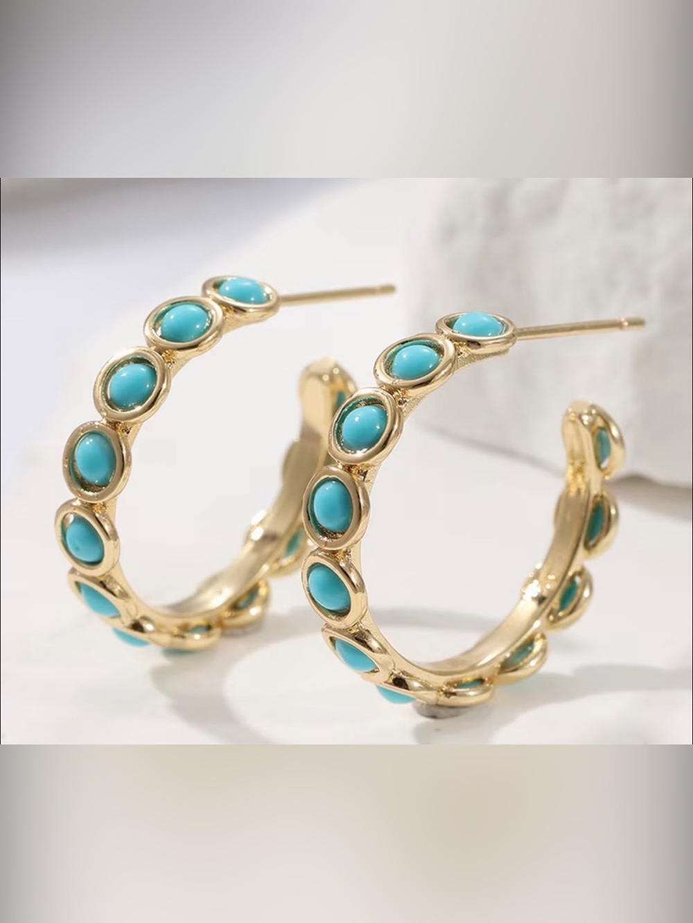 Western Gold Hoop Earrings with Turquoise Cabochons